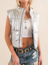 Silver Quilted Puffer Zip Up Crop Vest